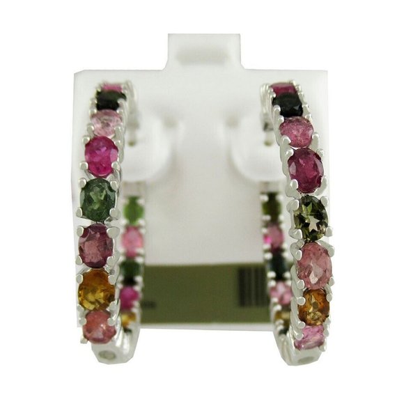 Genuine 6.80 Cts Multistones Huggies Dangling Earrings .925 Silver